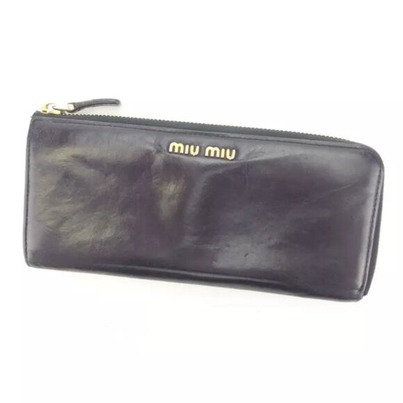miumiu Wallet Purse Long Wallet Logo Black Purple Woman Authentic Used